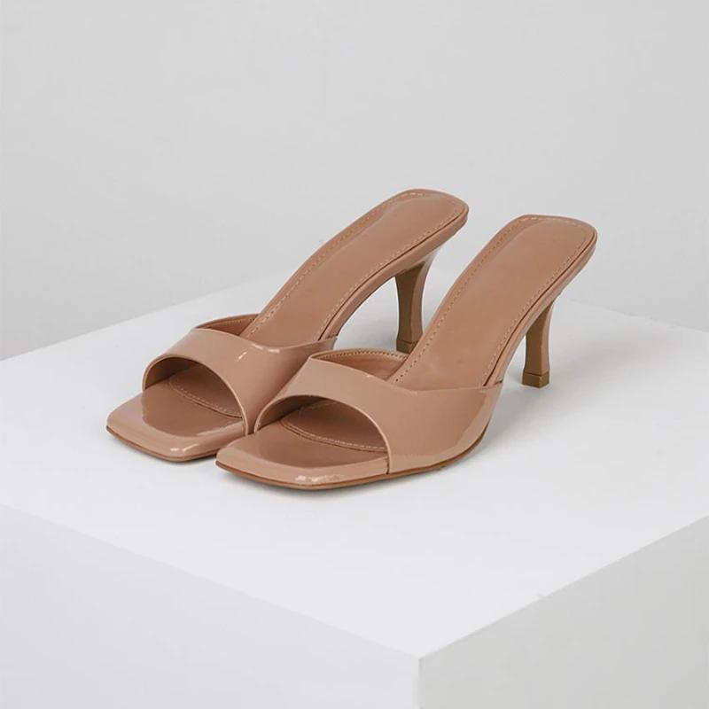 Fashion Summer New Slippers Women Trend Sexy Square Toe Large Size Thin Heels Shoes Ladies Casual Slippers Heel Zapatos