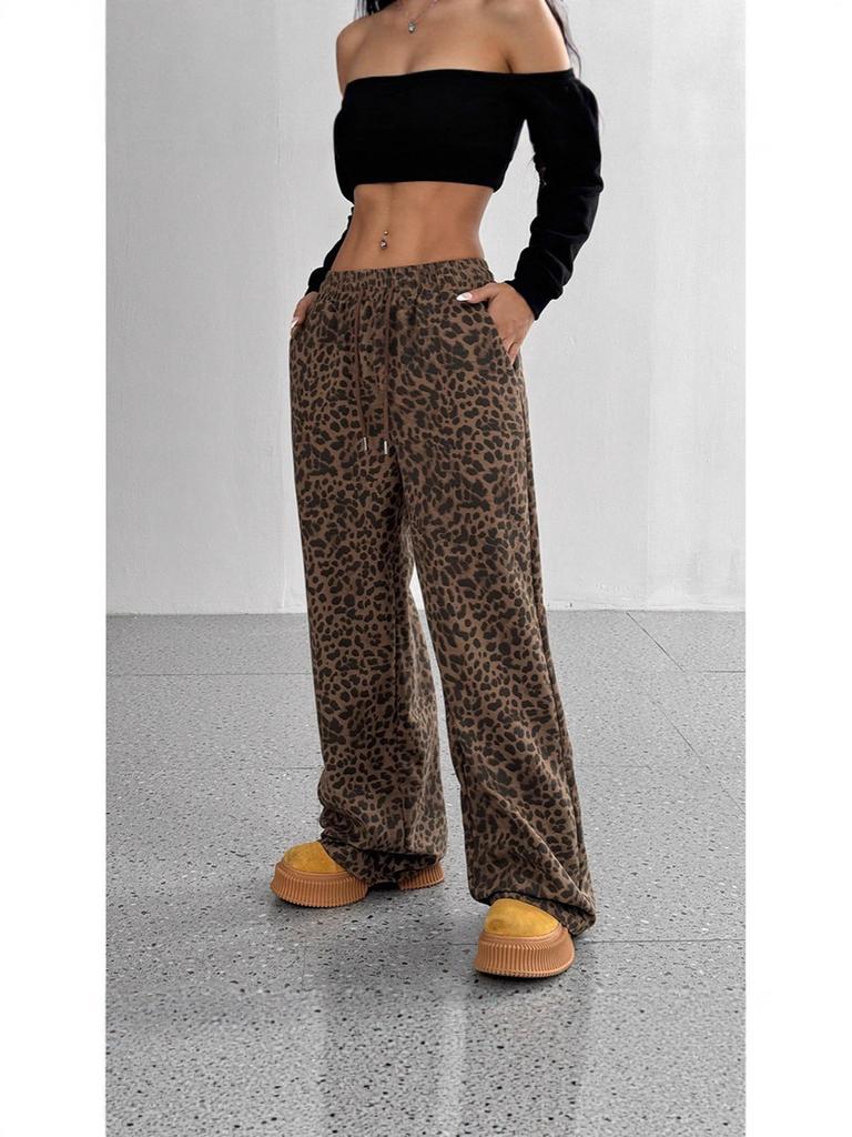Spring/Autumn Spicy Girl Women's High Waist Wide Leg Pants Loose Fit Slimming Trendy Leopard Print Floor Length Casual Pants
