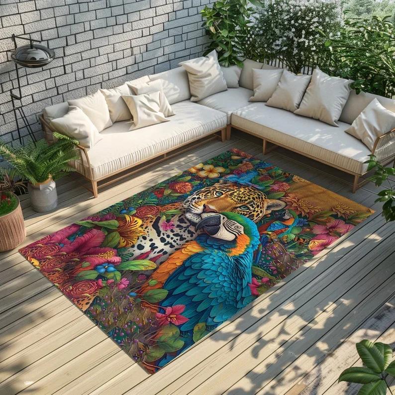 Tiger Teppich Exotischer Tierdruck Bereichsteppich Waschbar Rutschfest Dschungel Teppich Botanischer Orientalischer Stil Kühnes Statement Heimdekor Teppich