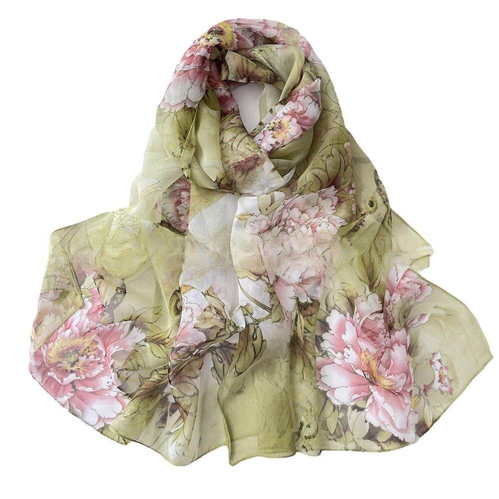 Four Seasons Thin Soft Chiffon Women Peony Flower Printing Beach Silky Georgette Scarf Shawls Long Wraps Beach Sunscreen Hijab