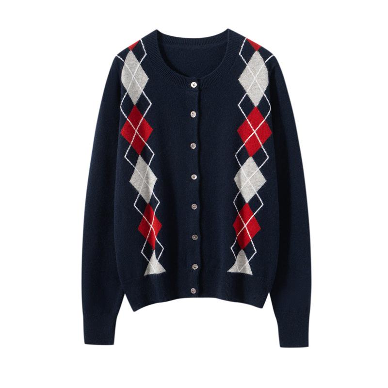 Cardigan Pull en Tricot Losanges Géométriques Color Block 100% Cachemire pour Femme