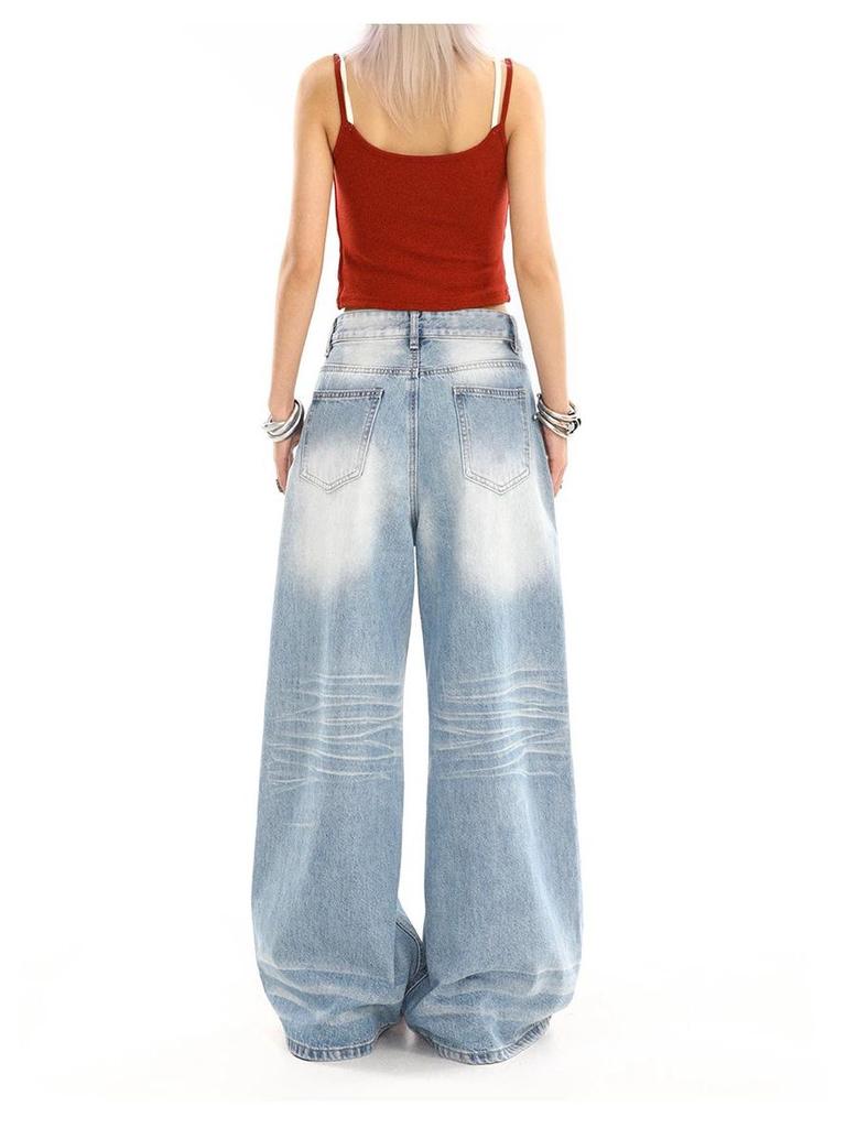 Jeans de Verano para Mujer Azul Medio Lavado Retro Desgastado Pierna Recta Pierna Ancha