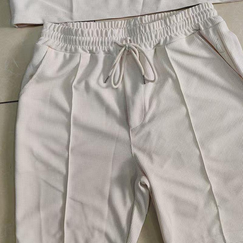 Men's Slim Fit Two-Piece Sportswear Set: Waffle Collar Short Sleeve Top + Long Pants