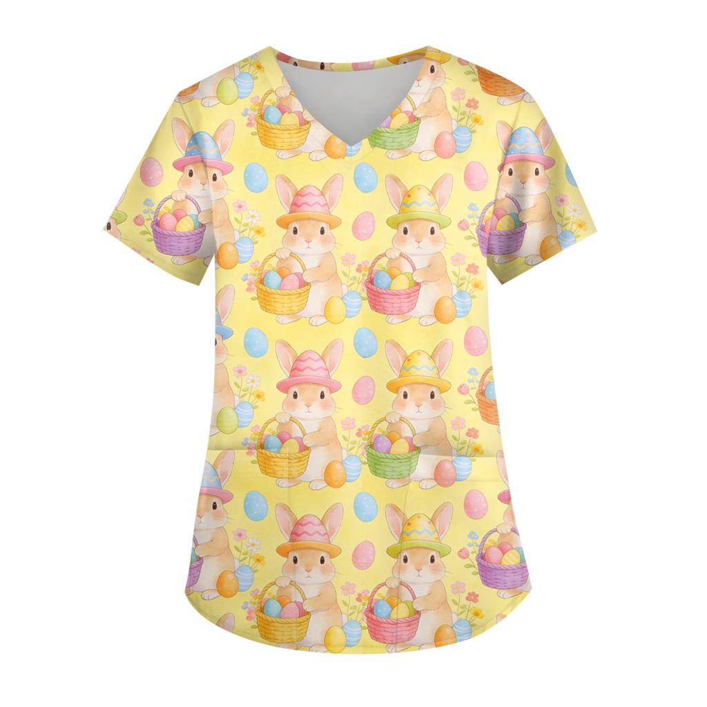 Ladies' Easter printed fashionable V-neck pocket short sleeved uniform and caregiver top