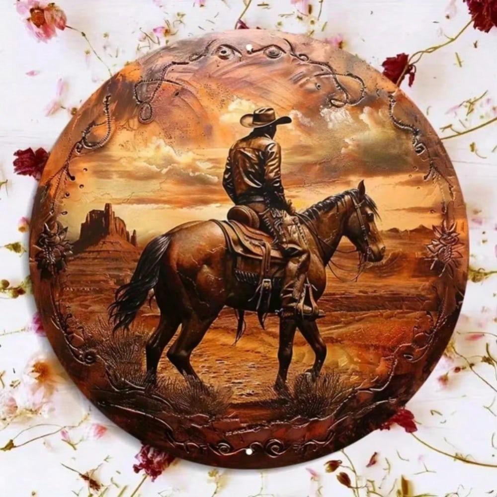 

Western Cowboy Metal Wall Art HD Textured Print Waterproof Home Decor for Bar Bathroom Kitchen Living Room Halloween 20x20