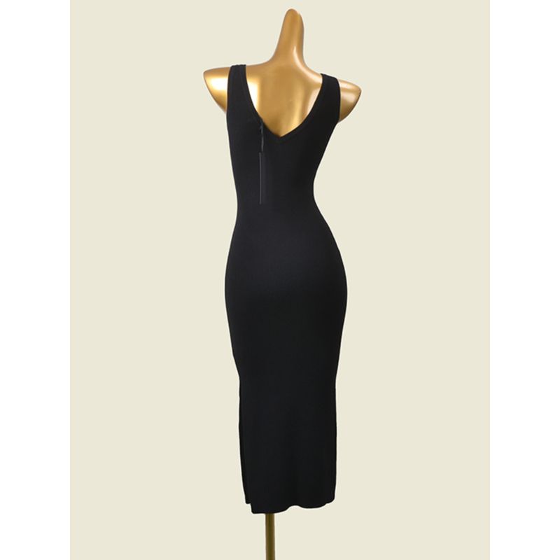 American Brand Double V Neck Knitting Long Dress Fashion Wind Black Basic Style Sunken Stripe Silm Base Export Dress