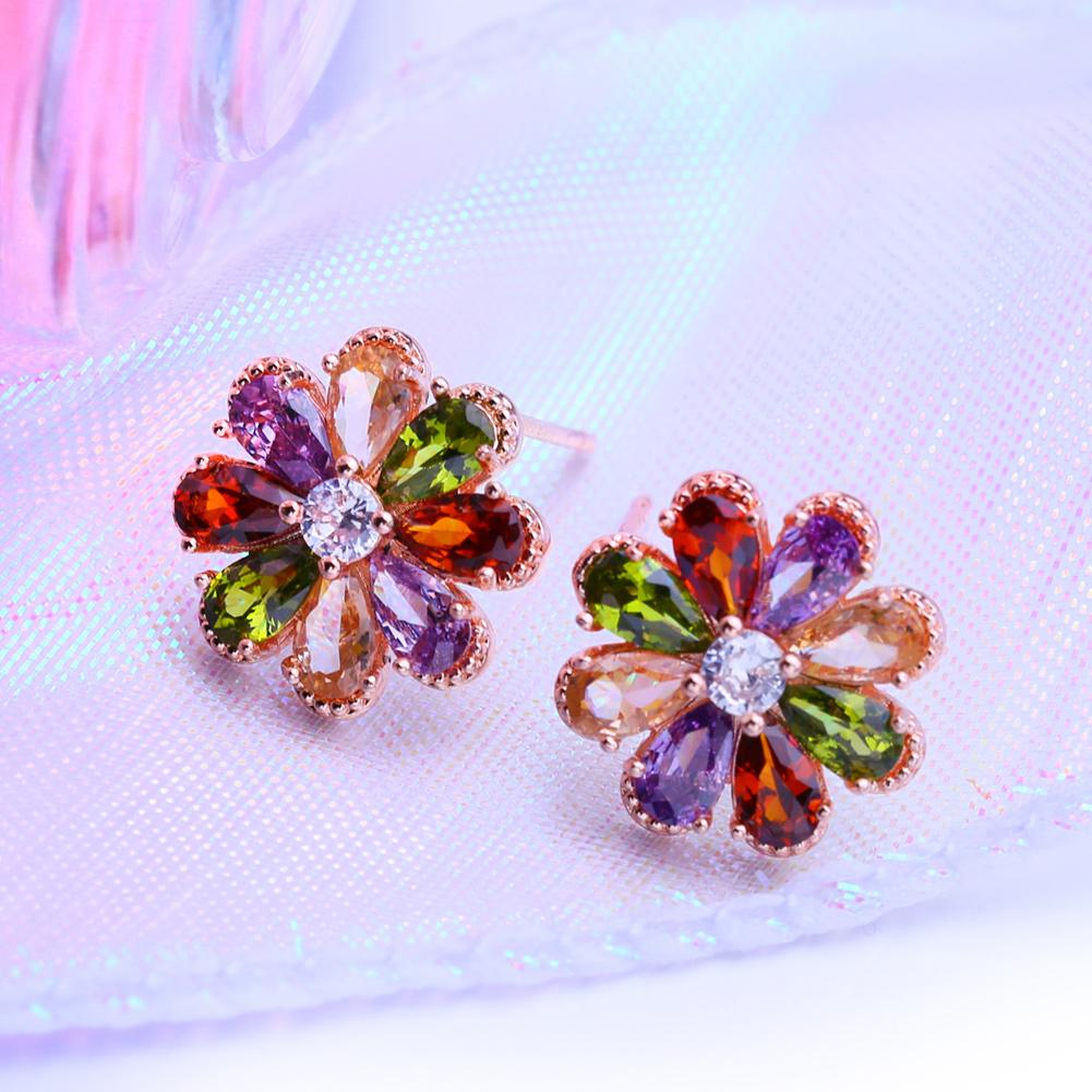 LSOOYH Blomörhängen Rose Gold Color Mode Örhängen För Kvinnor Geometri Cubic Zirconia Stud Örhängen Smycken