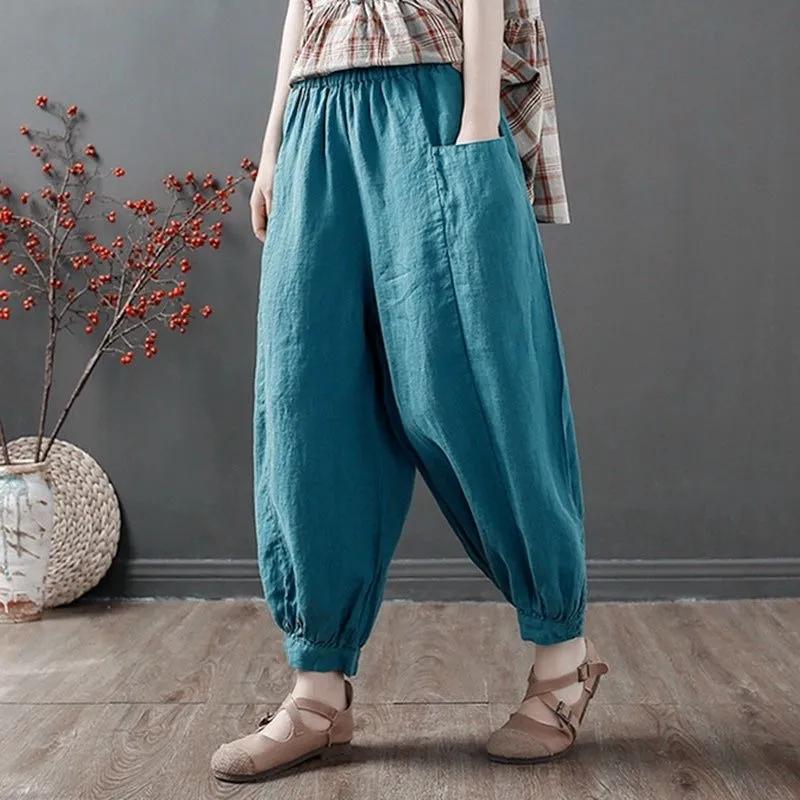 Vintage Harajuku Loose Cotton Linen Bloomers Pants Women Summer Oversize High Waist Elastic Korean Pockets Y2k Pants
