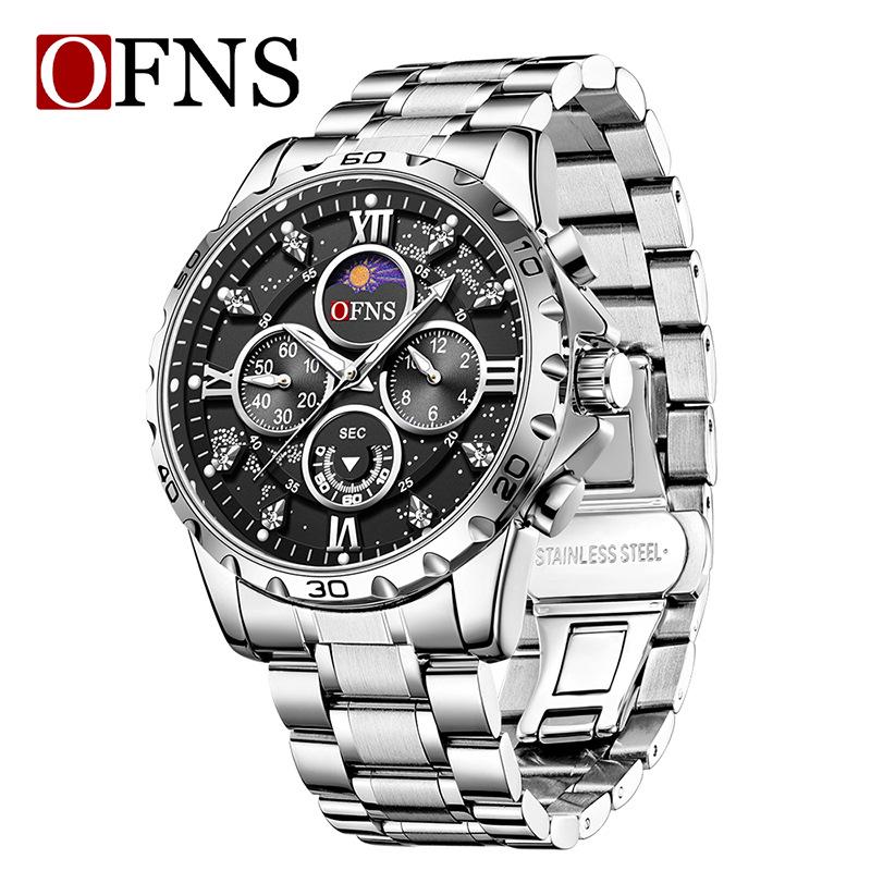 OFNS Men's Six-Hand Multifunctional Waterproof Quartz Watch with Large Dial and Steel Strap