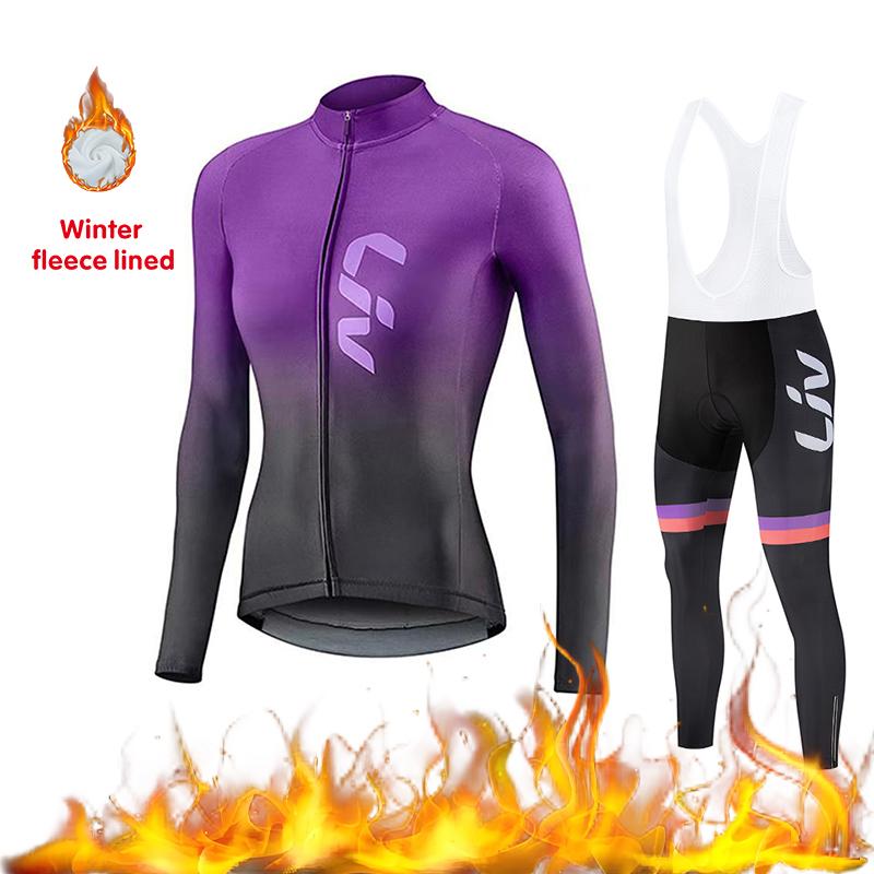 2026 Women's Cycling Suit Set Winter Velvet Long Sleeved Cycling Jersey Knitted Sweater Cycling Bib Warm Cycling Sports Shir
