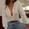 Fashion Lace Shirt for Women Elegant Solid V Neck Long Sleeve Hook Flower Hollow Shirts Tops Lady Holiday Women's Clothing