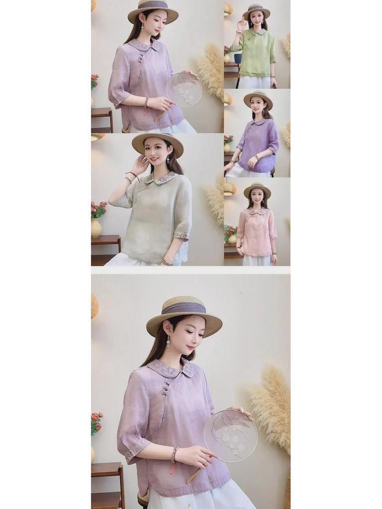 Women's Retro Folk Style Lapel Shirt with Oblique Collar and Chinese Button Design in Cotton-Linen