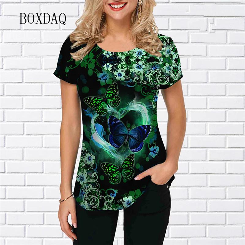 Fashion Butterfly Pattern Women T-Shirts Short Sleeve 3d Print Street Gradient Lady Pullovers T Shirt Classic O-Neck Casual Tops