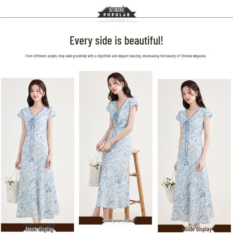 2026 Frühling/Sommer Elegantes blaues Blumen-A-Linien-Kleid: Taillenbetonend, Kurzärmelig, Französischer Stil