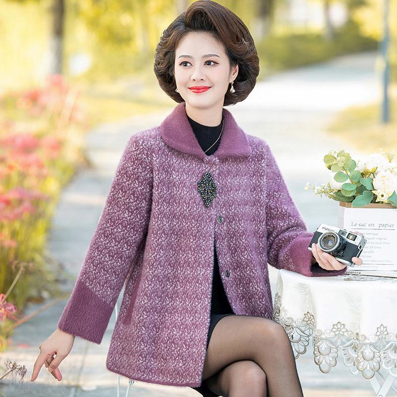 New Mother's Imitation Mink Velvet Sweater Coat Thick Middle Aged Elderly Women's Knitted Cardigan Short Woolen Jacket Outwear