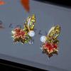 Exquisite rote Strass-Zirkon-Ahornblatt-Steckohrringe für Damen, Vintage-Persönlichkeit, Kristall-Ohrring, Herbst-Winter-Charme-Schmuck