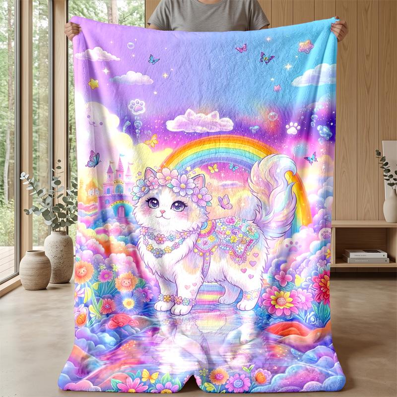 Rainbow Fantasy Cat Theme Blanket Lightweight Warm Flannel Blanket Decorative Throw Blanket for Home Decoration