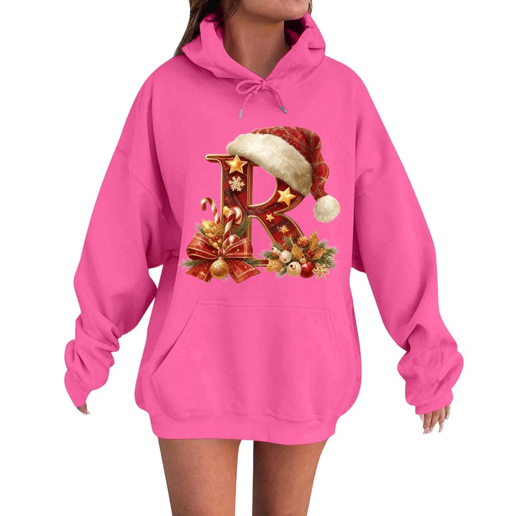 Women's Casual Comfortable Long-Sleeved Christmas Letter-Printed Warm Hooded Crew-Neck Sweatshirt