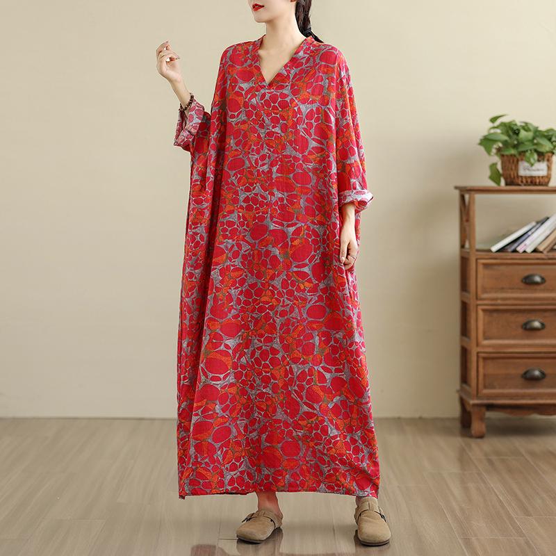 

DIMANAF 2025 Women Plus Size Spring Long Dress Loose V-Neck Printing Vintage Casual Floral Oversize Long Sleeve 5034 one size красный