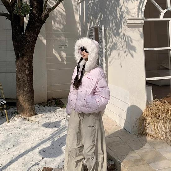 Autumn and Winter American Striped Bow Collar Hooded Cotton Jacket, Thickened Warm Cotton Jacket for Women