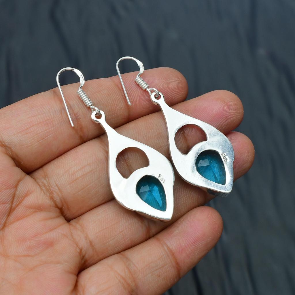 Blue Topaz Gemstone Handmade 925 Sterling Silver Jewelry Earring