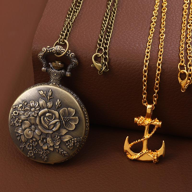 

2 шт./набор, 1 шт. Модные мужские часы с розовым дизайном, кварцевые карманные часы и 1 шт. Классическое повседневное золотое ожерелье, идеальный выбор для подарков мужчинам и женщинам