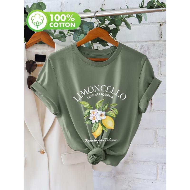 

LIMONLLO letter lemon flower printed short sleeved round neck T-shirt for women XL