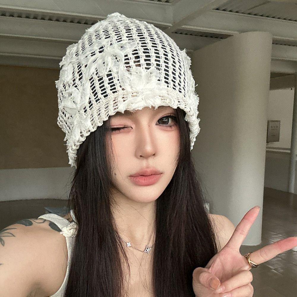 Cute Lace Beanies Hat Hollow Out Flower Knitted Hat Sweet Crochet Flower Hat  Apparel Accessories