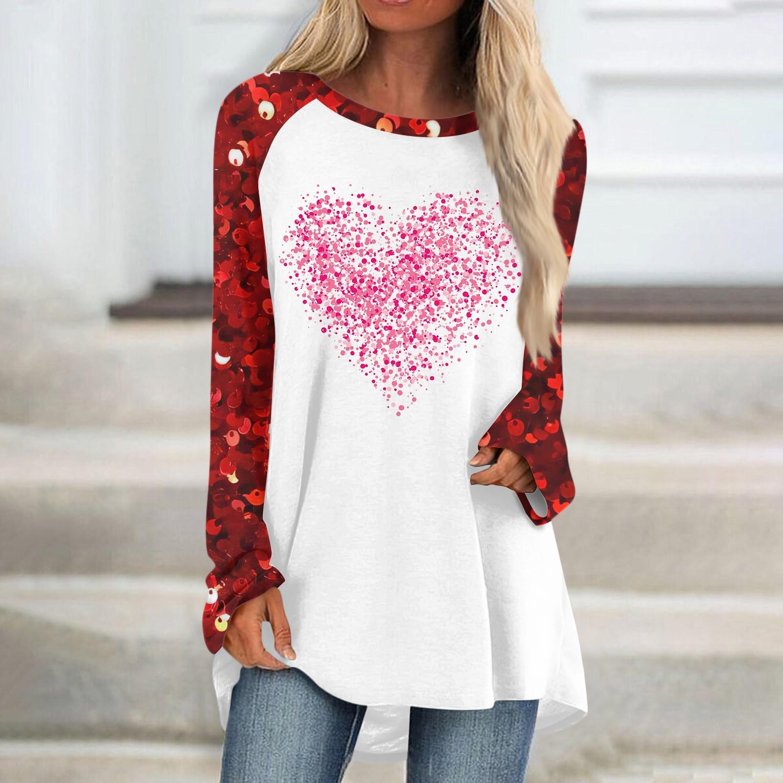 

Женский модный универсальный топ с длинным рукавом и средней длиной с принтом в виде сердечек ко Дню святого Валентина XL арбуз красный