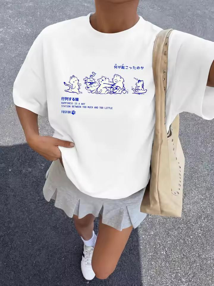 Fashion Y2K Top Cute Cat Print T-shirt Harajuku Street Casual Short Sleeve Loose Round Neck Street Wear Unisex