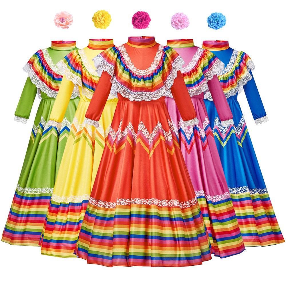 Abito Lungo Danza Folkloristica Messicana - Nuovo Costume di Halloween per Spettacolo Scolastico