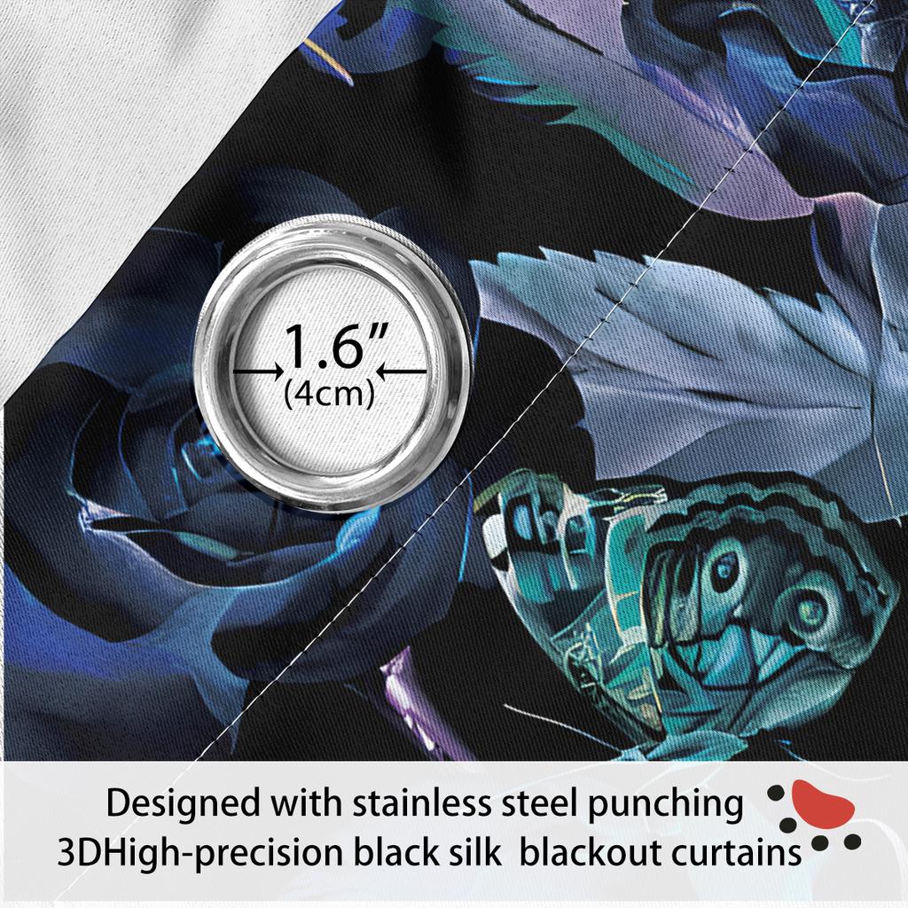 2 pieces of Gothic style skull moth blue rose patterned printed curtains for decorating bedrooms and living rooms