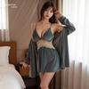 New Sexy Golden Velvet Nightdress with Chest Pad Embroidered Lace Pure Desire Backless Pajamas Women's Robe Loungewear Set