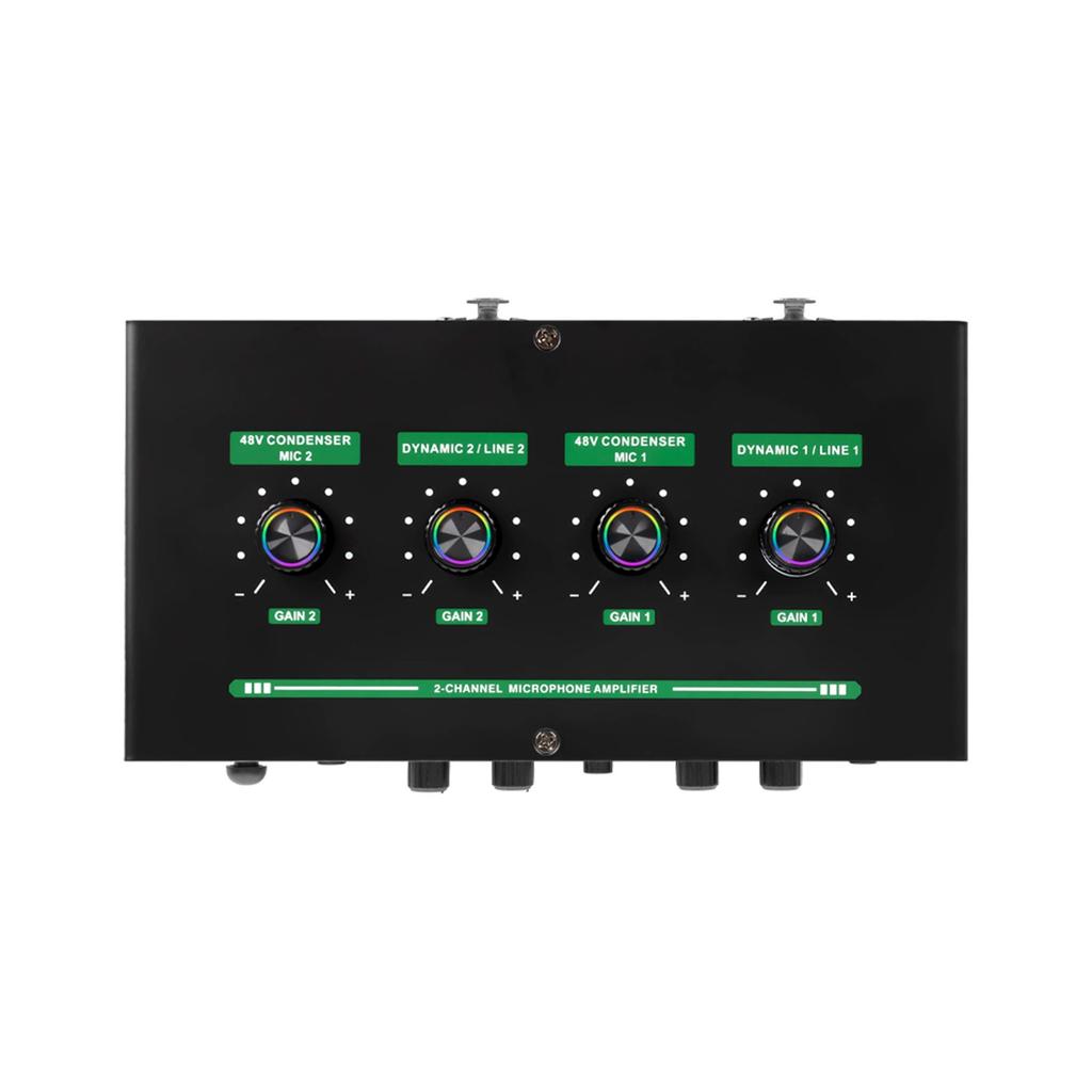 2 Channel Microphone Sound Interface Amplifier with Reverb 2 Input 48V Phantom Power Rechargeable Compact Design for