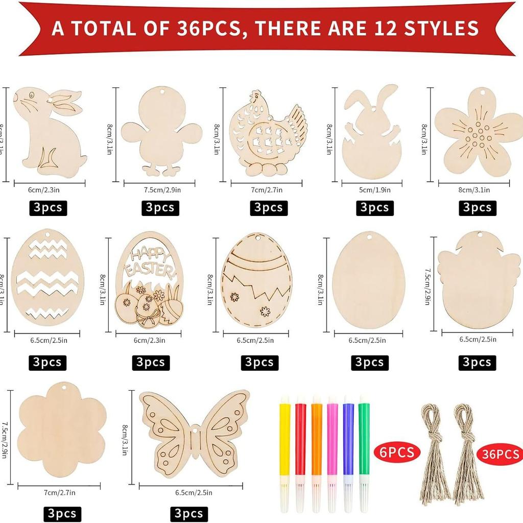30/36/60pcs 1 Set Wooden Wooden Easter Pendant DIY Painting Craft Easter Hanging Ornament Happy Easter Rabbit Easter Egg Pendant