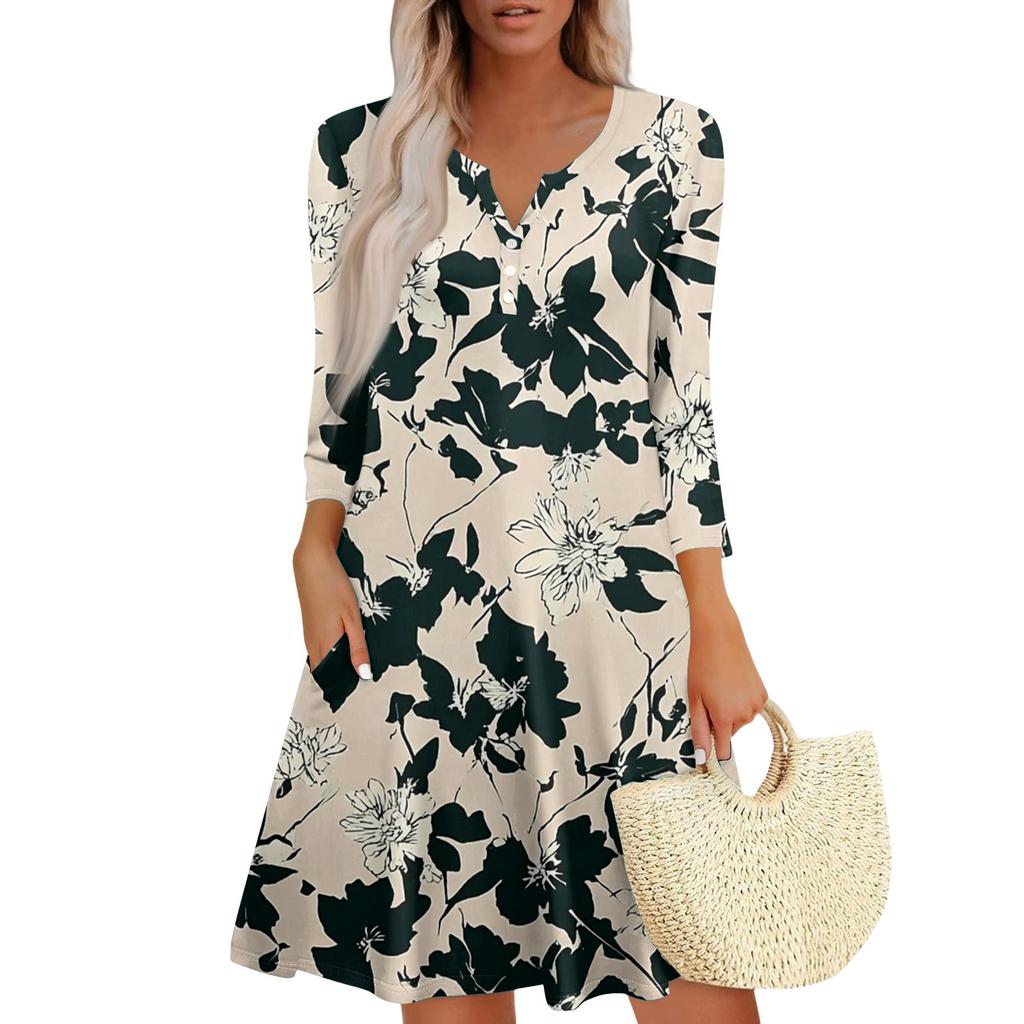 Abito Floreale da Donna alla Moda con Scollo a V, Bottoni, Maniche a Sette Quarti, Tasca