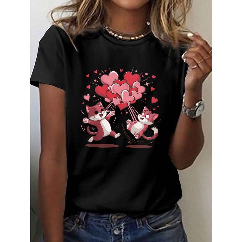 

European Size Heart-Shaped Happy Valentine S Day Cat Print T-shirt | Short Sleeve, Crew Neck, Casual Top 4XL чорний