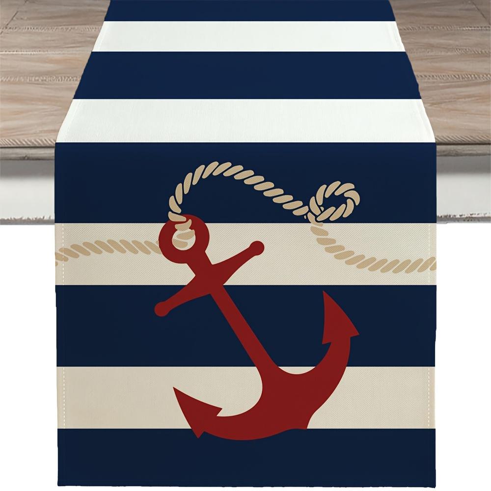 Nautical Anchor Stripe Table Runner 2D Single Print Coastal Stylish Table Runner Home Dining Room Kitchen Patio Beach Vibe Decor 33x180cm