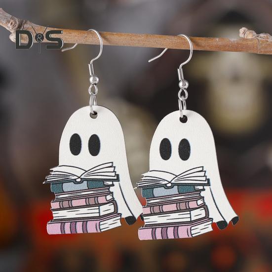 Halloween-Geister-Ohrringe, Holzgeist mit Buch-Ohrringen, Halloween-Party-Schmuck für Frauen, Make-up und Alltagskleidung
