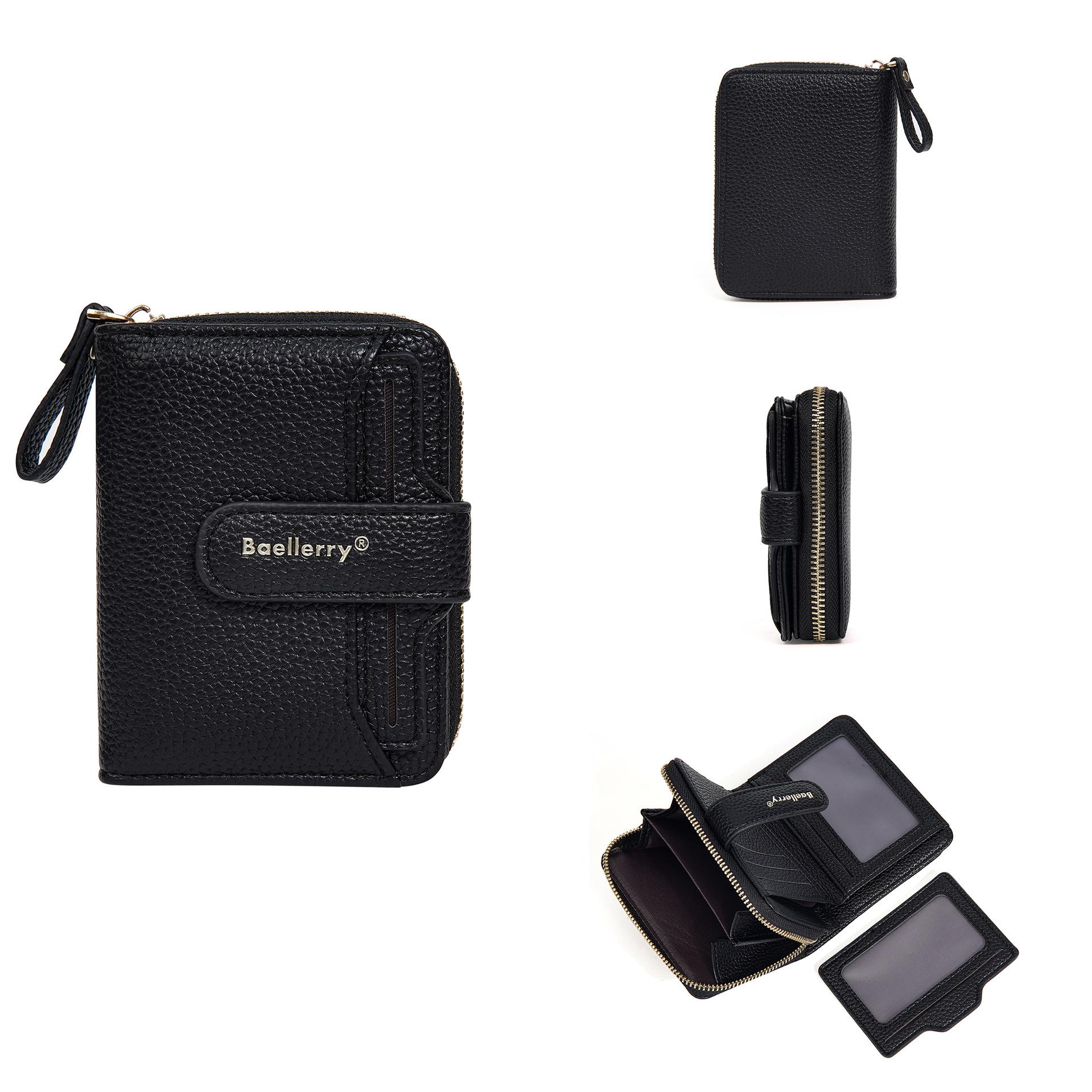 Женский короткий кошелек Baellerry Litchi Texture с несколькими отделениями для карт, модный кошелек на молнии, держатель для карт чёрный