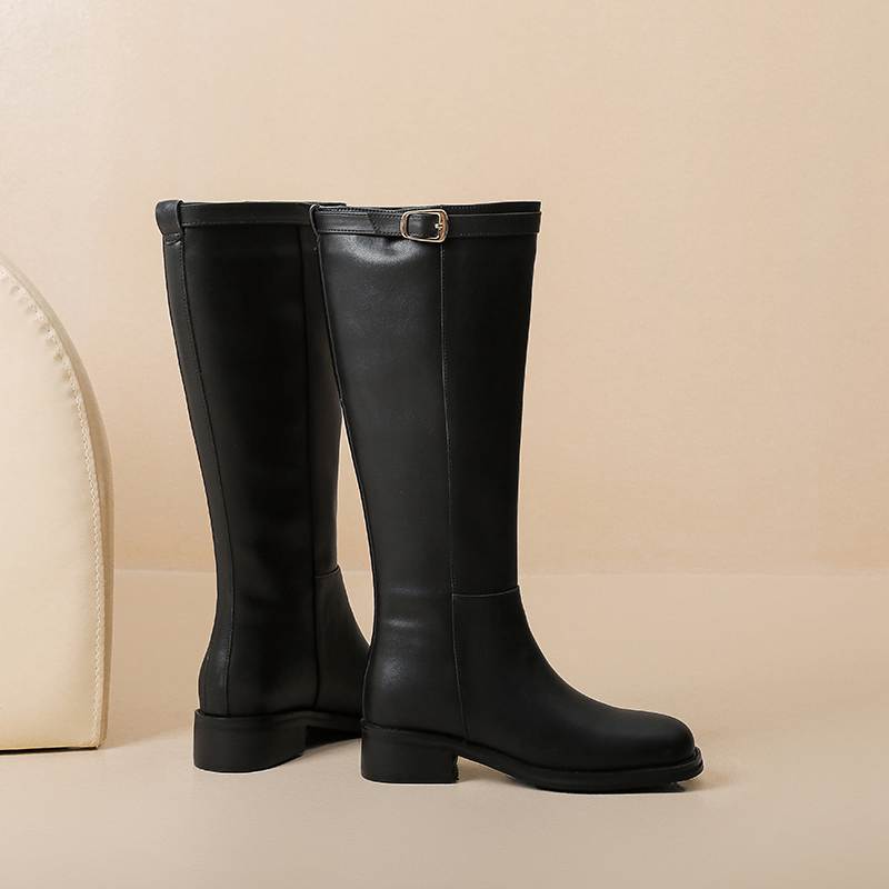 Krazing Pot Cow Split Skin Round Toe Med Heels Knight Boots Size 46 Size 45 Slip On Plus Size Women Metal Buckle Thigh High Boots