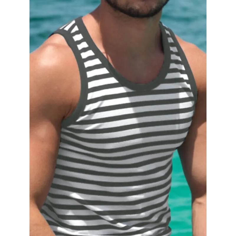 Letni T-shirt z okrągłym dekoltem, wzór z minimalnymi paskami 3D, nadruk, modny, casualowy, hawajski, plażowy, bez rękawów, męski