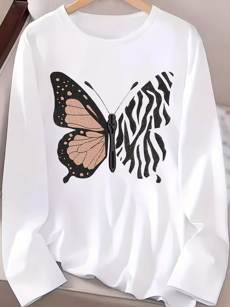 (Asian Size) Trend Butterfly Cute Tee Print T Shirt Women Clothing Autumn Winter Spring Casual Fashion Top O-neck Graphic Long Sleeve T-shirts