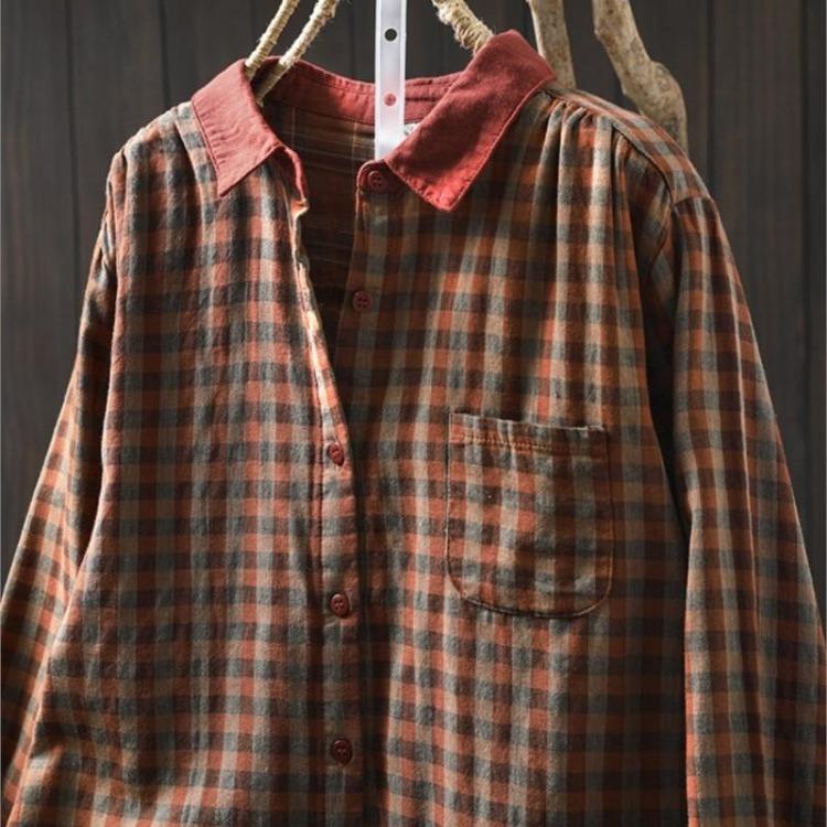 Johnature Vintage Plaid Shirts for Women Long Sleeve Spring Blouses with Turn Down Collar and Button Pockets