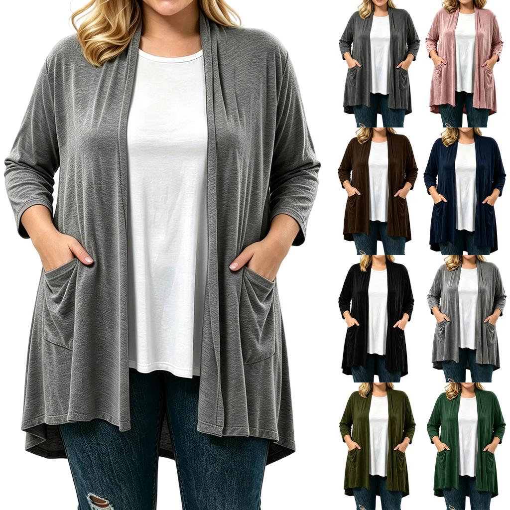 Women's Plus Size Soft Three-Quarter Sleeve Cardigan with Pockets