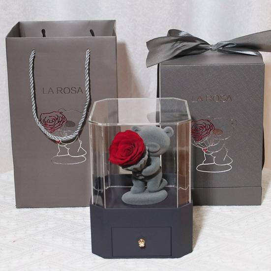 Flocking Bear Figurines with Preserved Rose Eternal Rose with Gift Box Romantic Gift