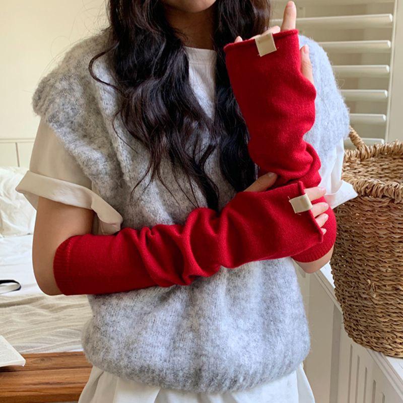 Japanese knitted wool gloves women's new autumn and winter dew finger touch screen cold-proof warm arm guard solid color long sleeves
