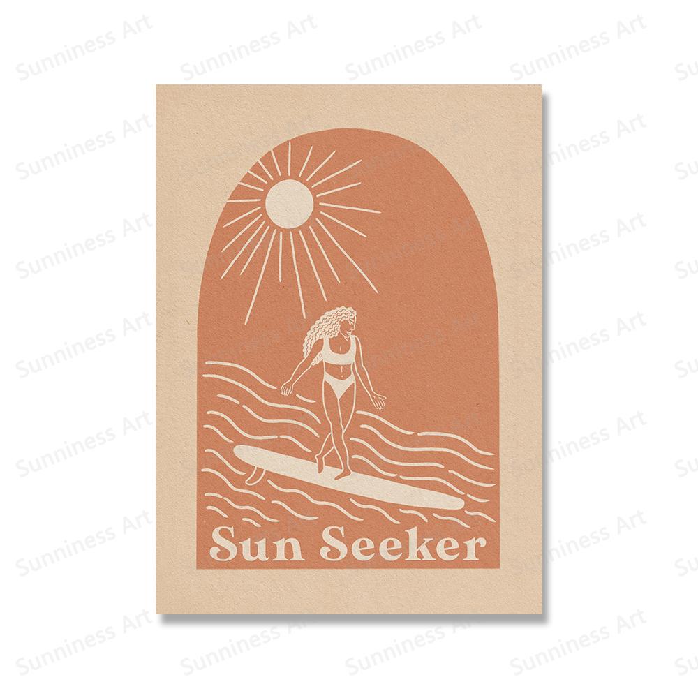 Obraz na plátně Wave Chaser Surf Girl Západ slunce Plážový dům Pobřežní rostliny Tisky Severské Surfařské chatrče Plakáty Domácí Umělecká Dekorace Obrázky