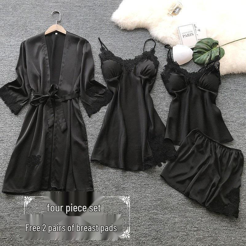 Women's Silk Five-Piece Pajama Set: Spring/Autumn Nightdress & Robe with Chest Pad