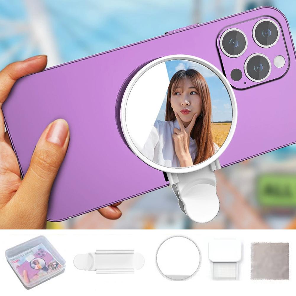 Universal Phone Camera Ring Mirror with Light Rear Camera Selfie Reflector Clip-on Makeup Light with Storage Pouch HD Reflection